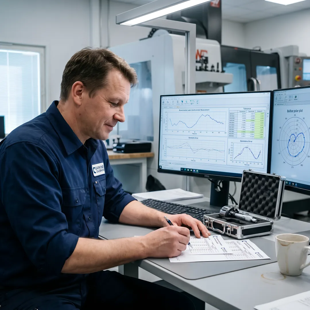 Calibration technician analyzing laser measurement data on computer screen