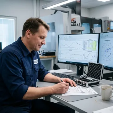 Calibration technician analyzing laser measurement data on computer screen