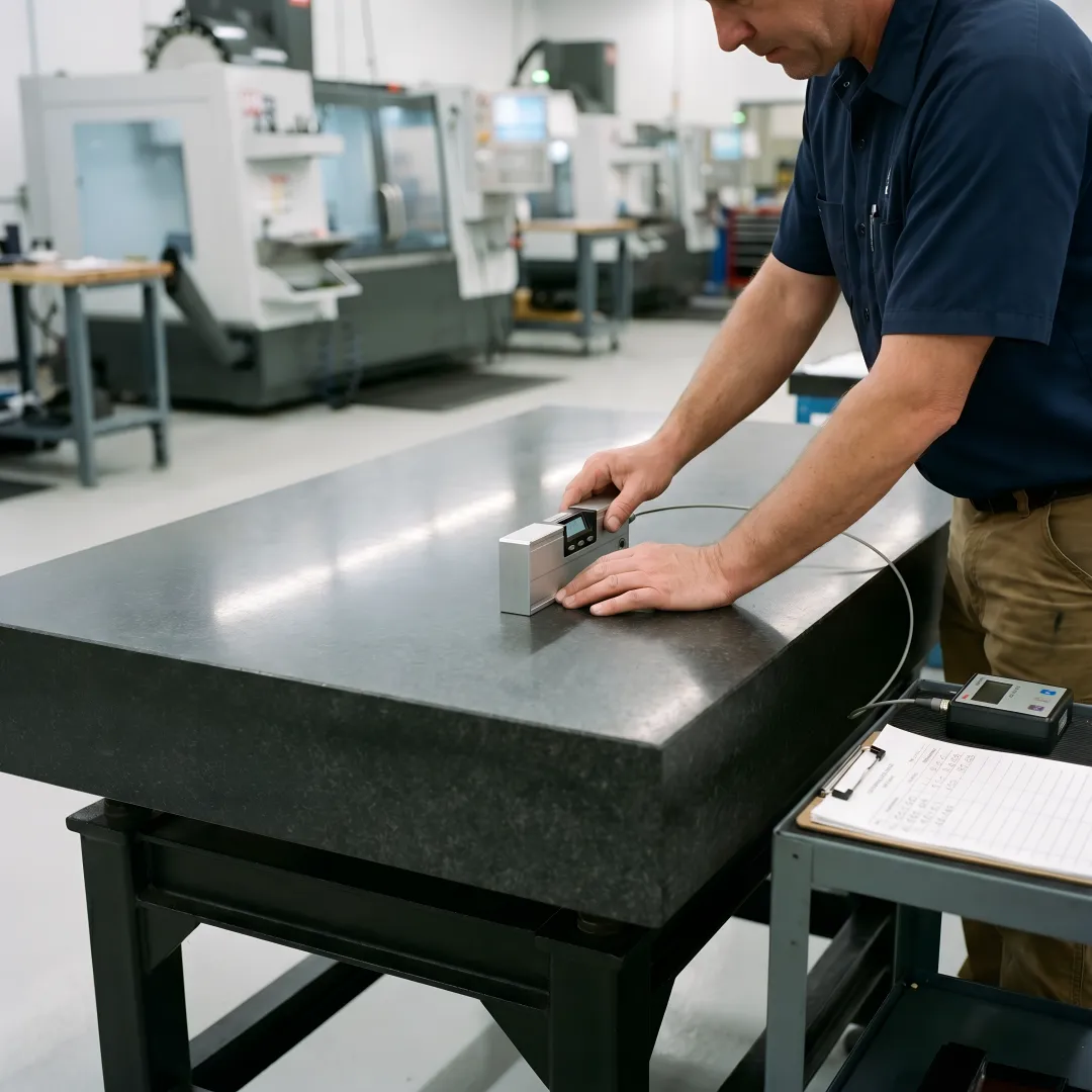Precision surface plate being leveled and measured for flatness verification