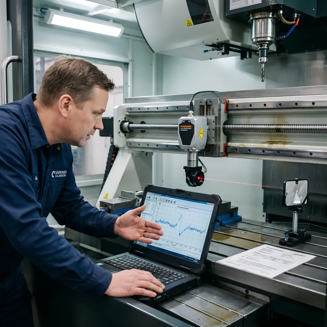 Close-up of precision laser calibration equipment measuring CNC machine axis