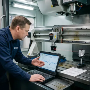Close-up of precision laser calibration equipment measuring CNC machine axis