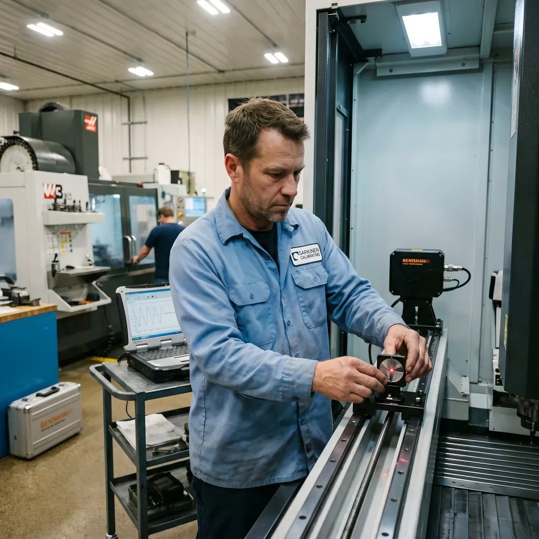 Precision laser interferometer calibrating CNC machine in industrial manufacturing facility