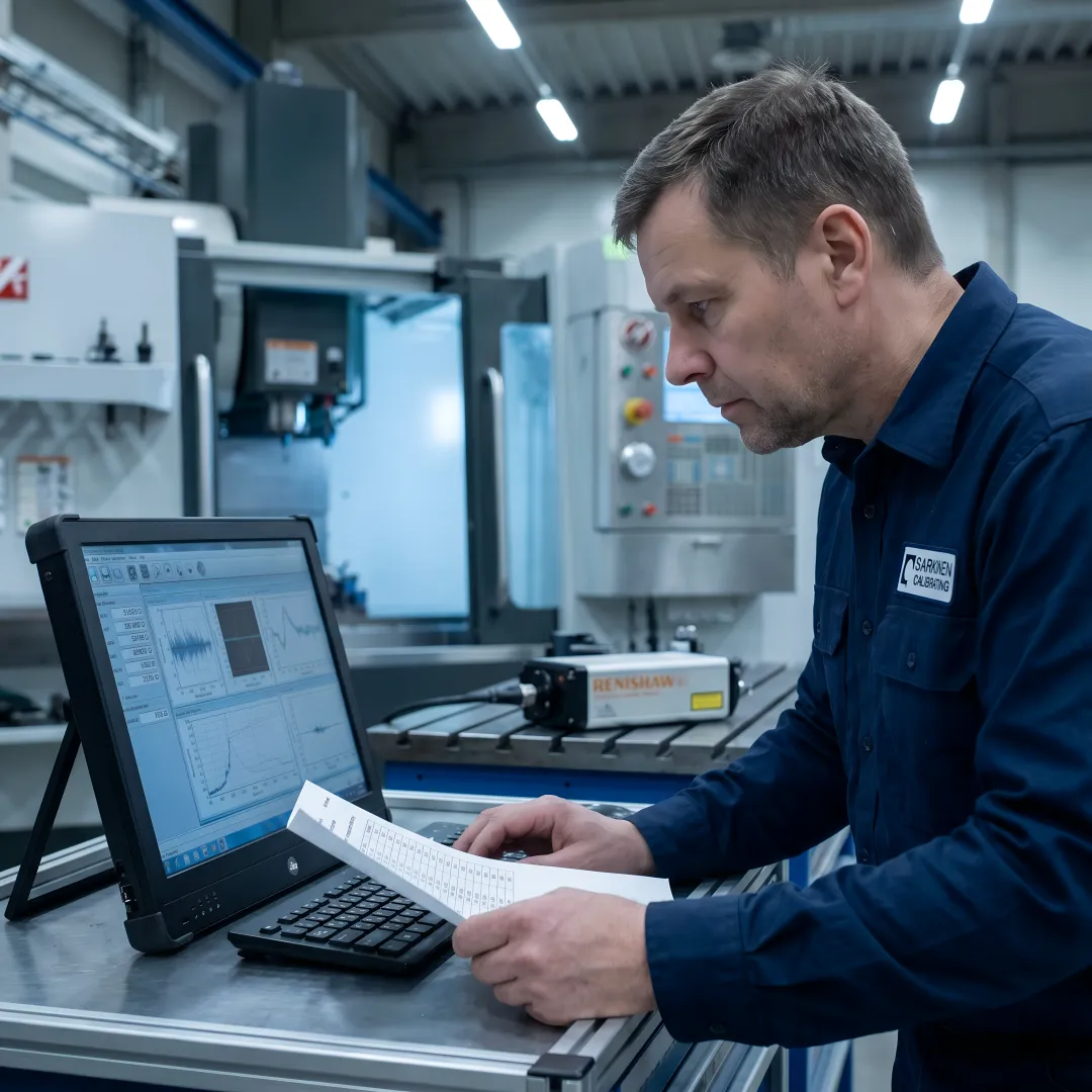 Calibration technician analyzing precision measurement data on laptop
