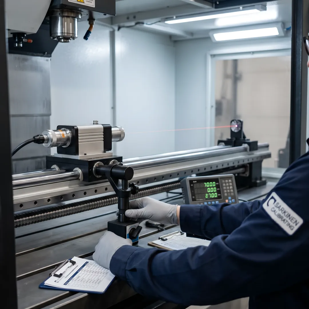 CNC machine being calibrated with laser measurement system