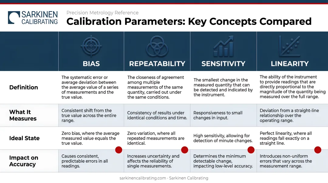 Four calibration parameters comparison table bias repeatability sensitivity and linearity