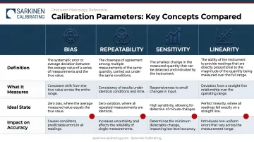 Four calibration parameters comparison table bias repeatability sensitivity and linearity