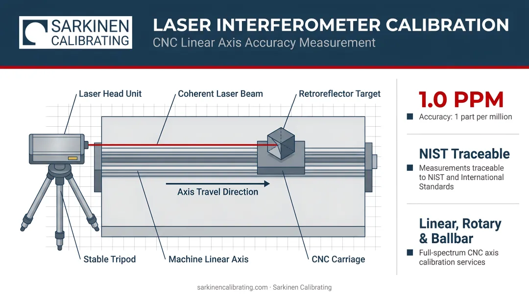Renishaw laser interferometer calibration setup measuring CNC machine axis accuracy