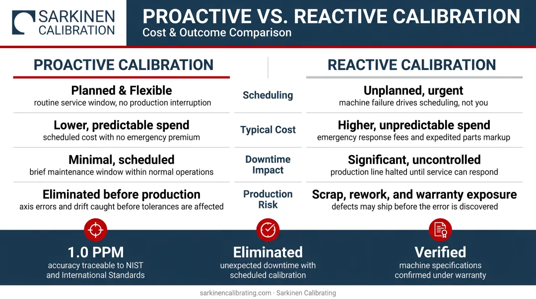 Proactive versus reactive calibration cost and outcome comparison infographic