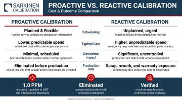 Proactive versus reactive calibration cost and outcome comparison infographic