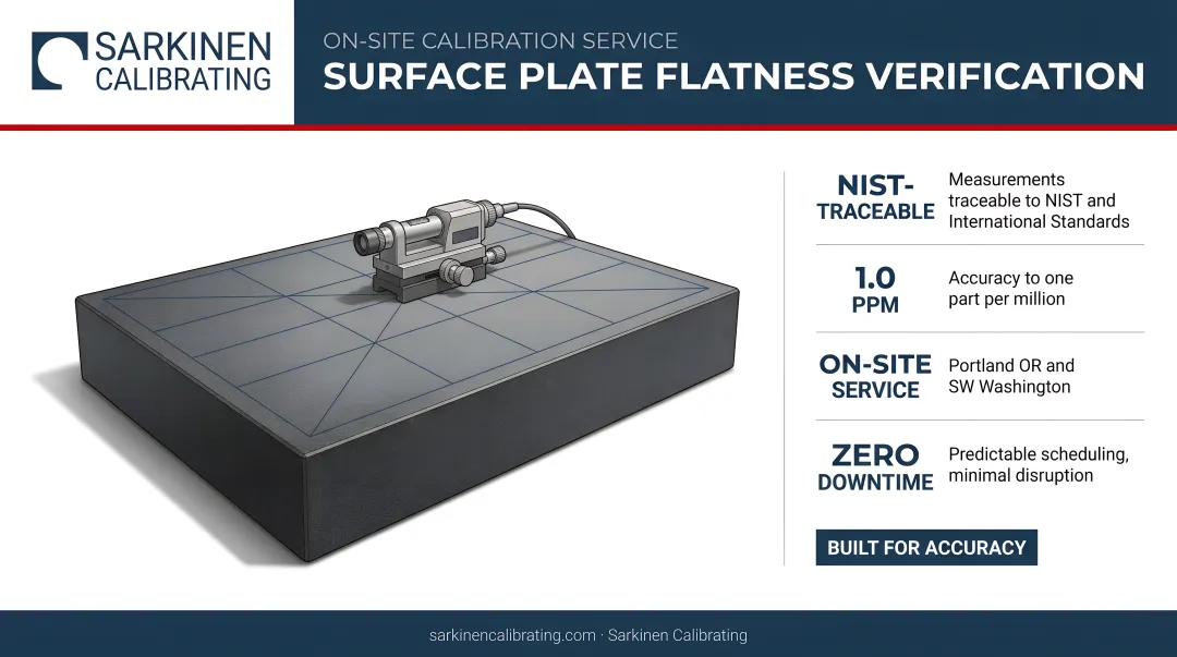 Sarkinen Calibrating technician performing on-site surface plate flatness verification inspection