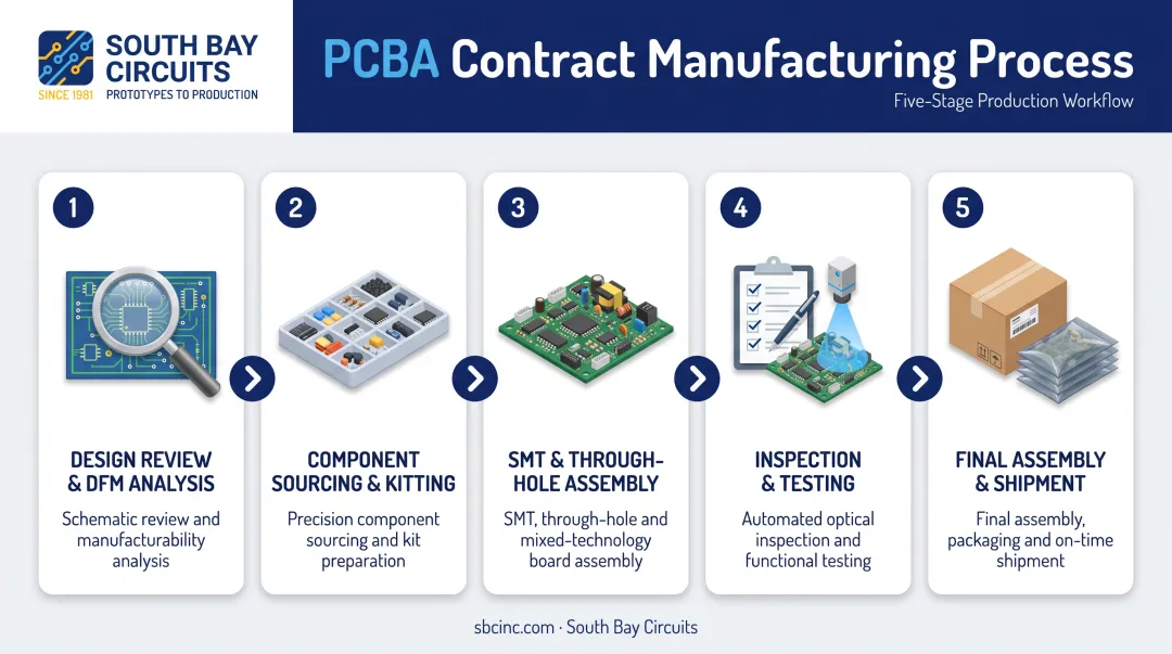 5-step PCBA contract manufacturing process flow from design review to shipment