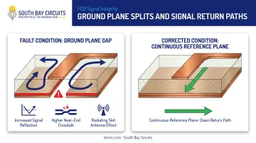 Signal trace crossing split ground plane causing EMI and reflection