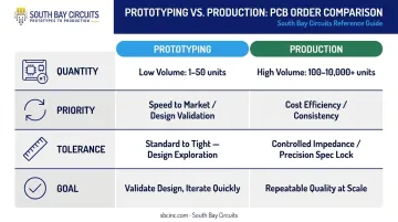 PCB prototyping versus production comparison chart highlighting key differences
