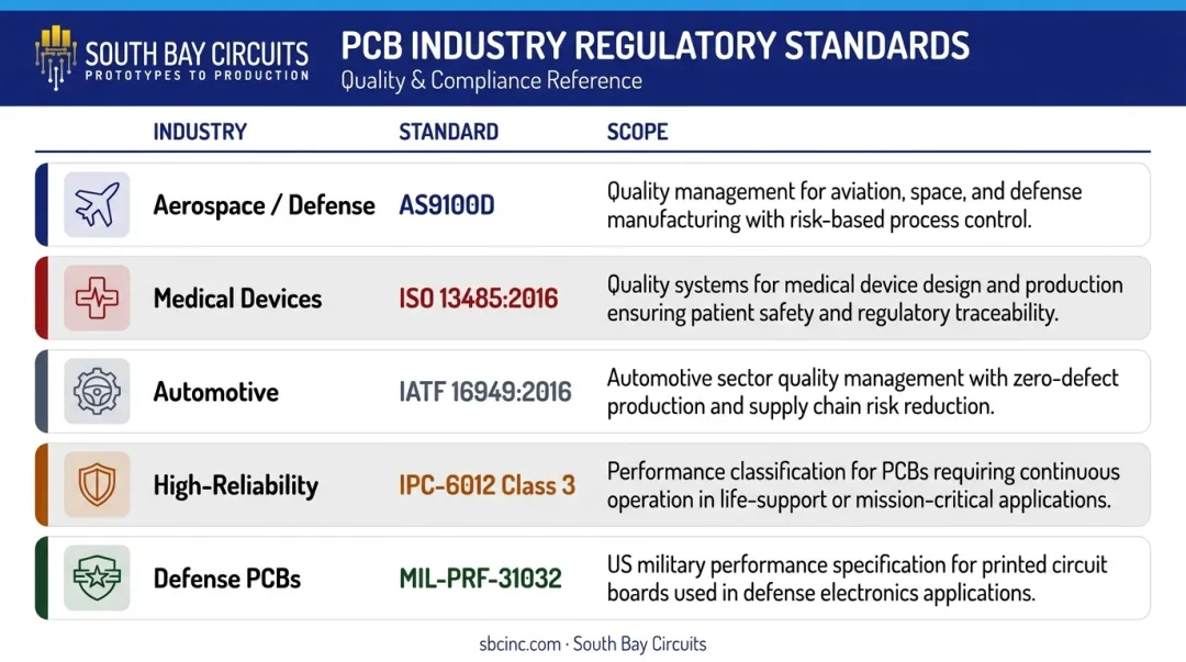 PCB industry regulatory standards comparison table for aerospace medical automotive defense