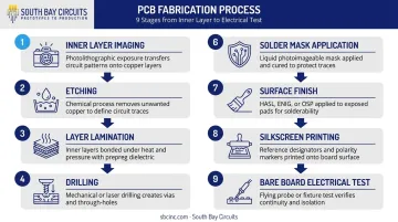 9-step PCB bare board fabrication process flow from imaging to electrical test