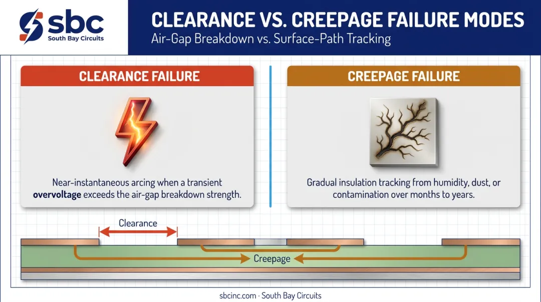 Clearance versus creepage failure modes comparison in PCB design