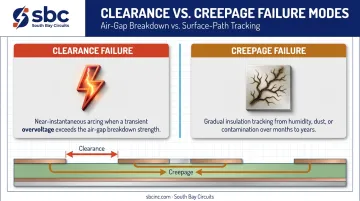 Clearance versus creepage failure modes comparison in PCB design