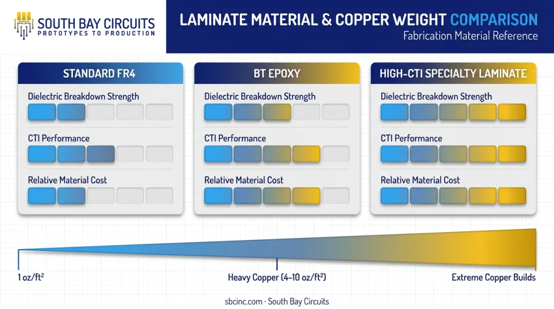 Laminate material and copper weight options compared for high-voltage PCB builds