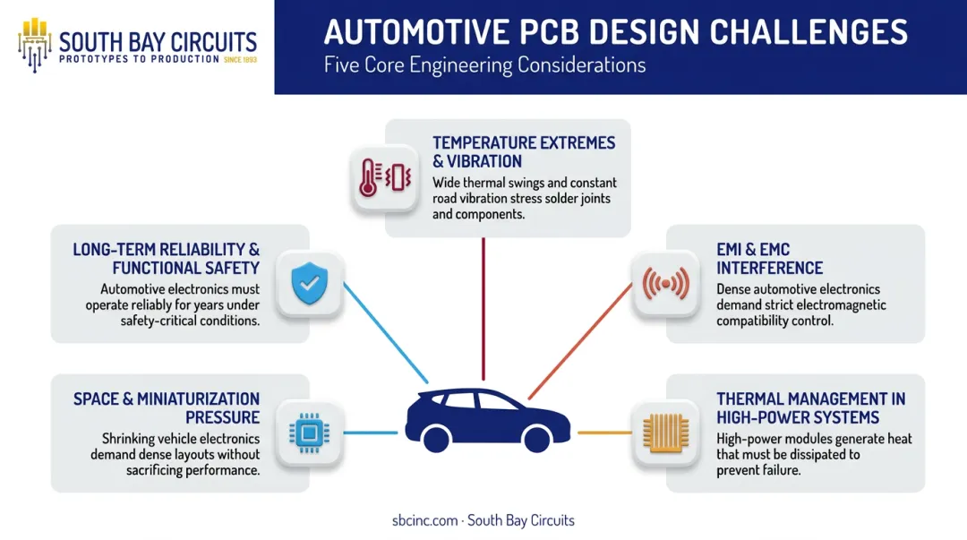 Five recurring automotive PCB design challenges overview diagram