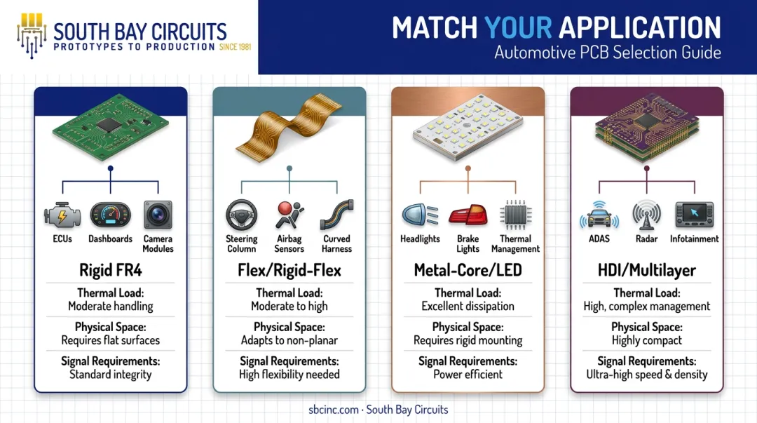 Automotive PCB type selection matrix by application and thermal need