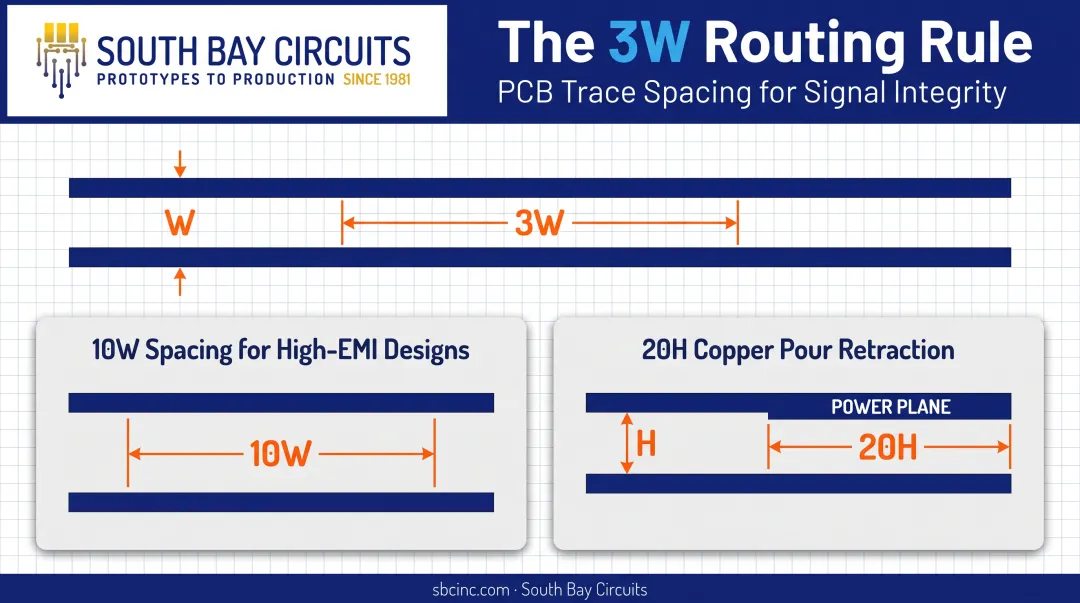 3W rule trace spacing diagram with centerline distance ratio
