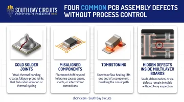 Four common PCB assembly defects including cold solder joints and tombstoning