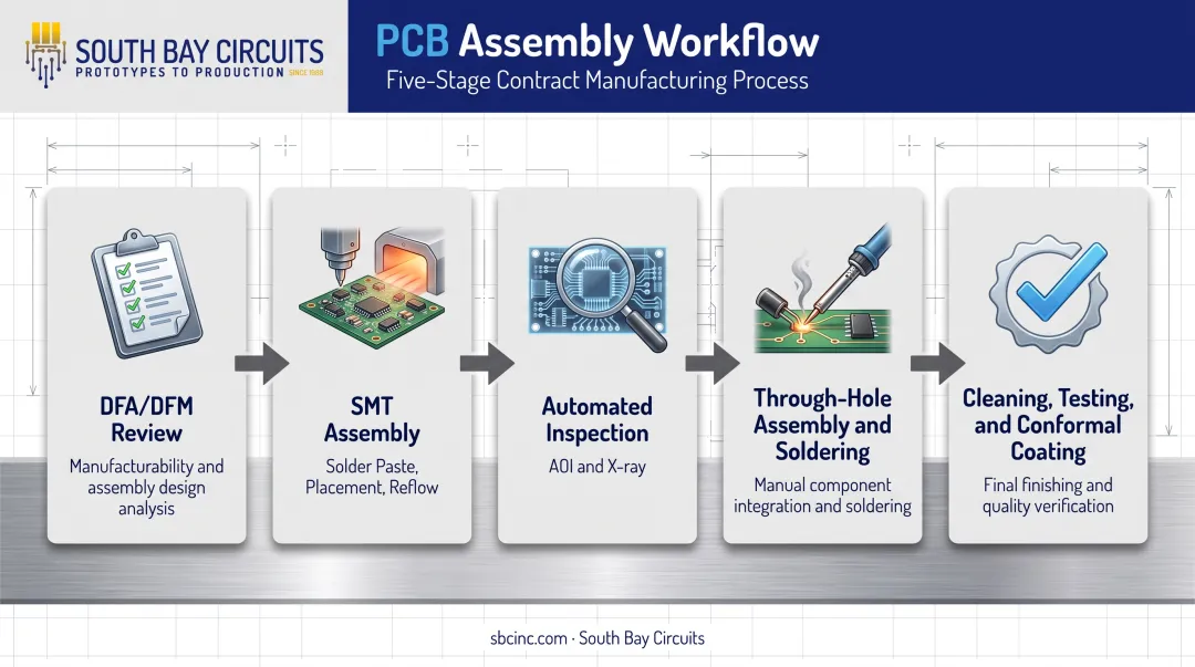 Five-stage PCB assembly process flow from DFM review to final testing