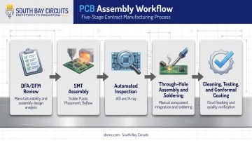 Five-stage PCB assembly process flow from DFM review to final testing