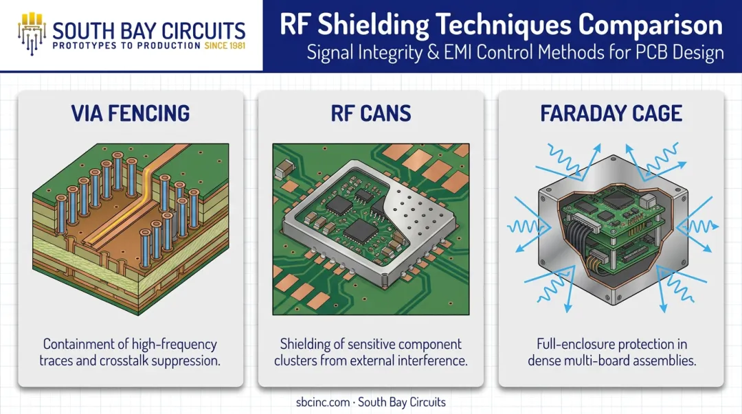 Via fencing RF cans and Faraday cage shielding techniques comparison diagram