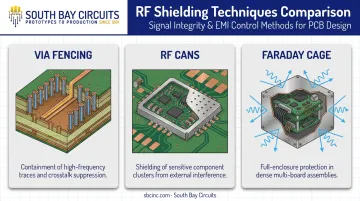 Via fencing RF cans and Faraday cage shielding techniques comparison diagram
