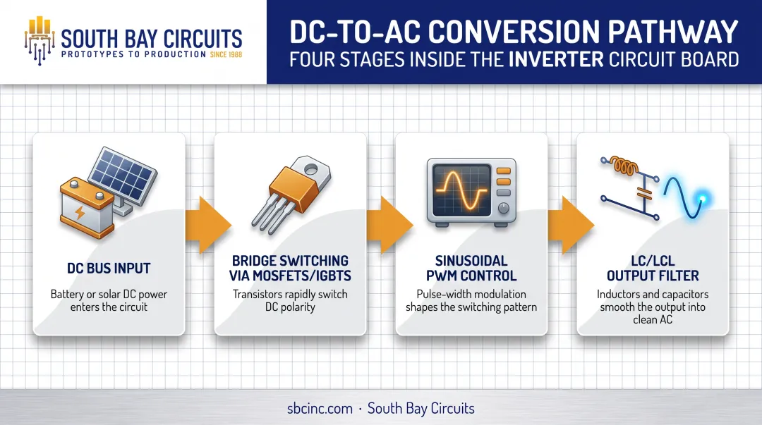 DC to AC inverter conversion process flow diagram