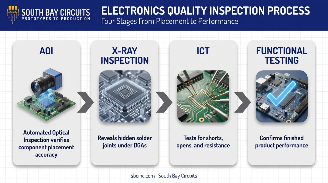 4-stage EMS quality testing and inspection process from AOI to functional testing