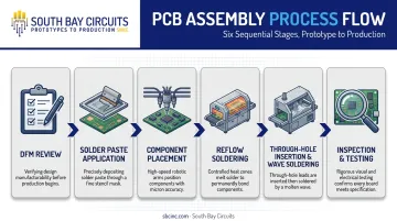 6-step PCB assembly process flow from DFM review to final inspection
