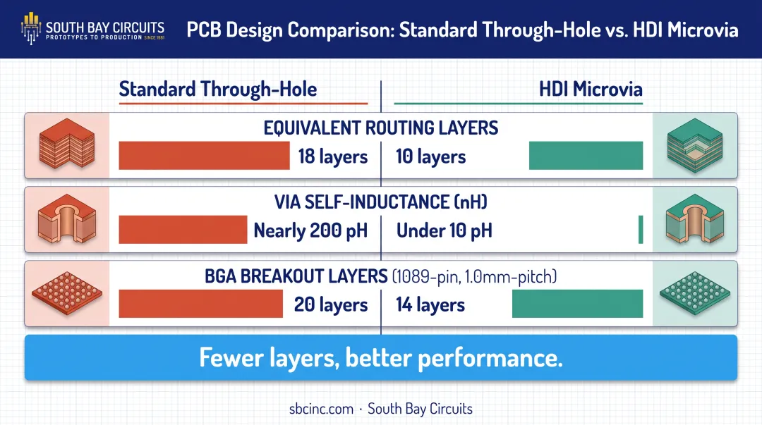 Standard through-hole PCB versus HDI PCB performance comparison chart