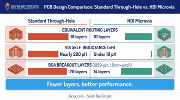 Standard through-hole PCB versus HDI PCB performance comparison chart