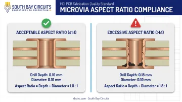 Microvia aspect ratio comparison showing acceptable versus excessive drill depth ratio