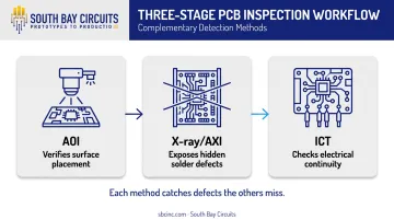 Layered PCB inspection workflow combining AOI X-ray and ICT methods