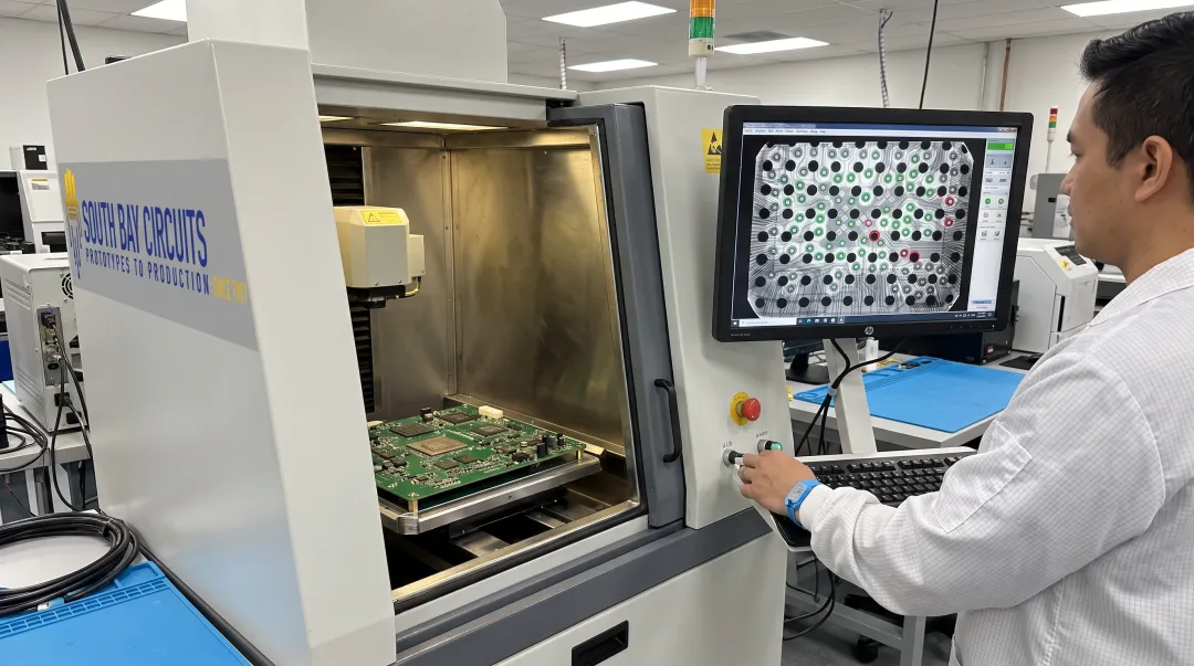 X-ray inspection system verifying hidden BGA solder joints on PCB