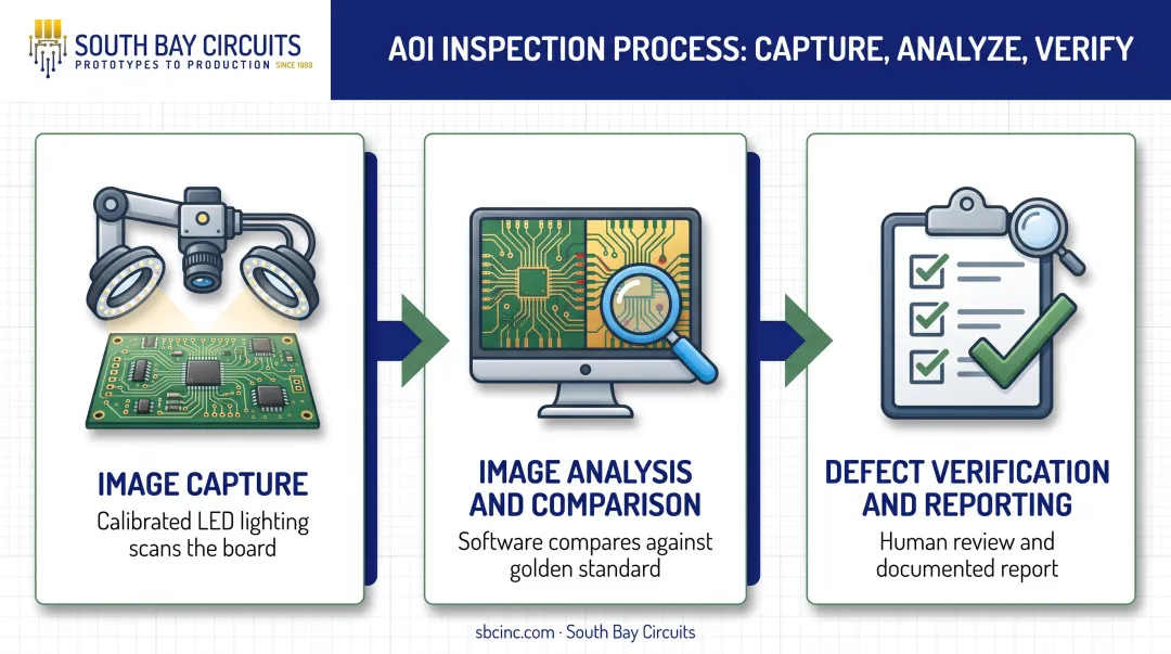 3-step AOI process flow from image capture to defect verification