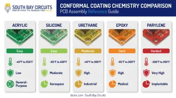 Comparison chart of five conformal coating materials and their tradeoffs