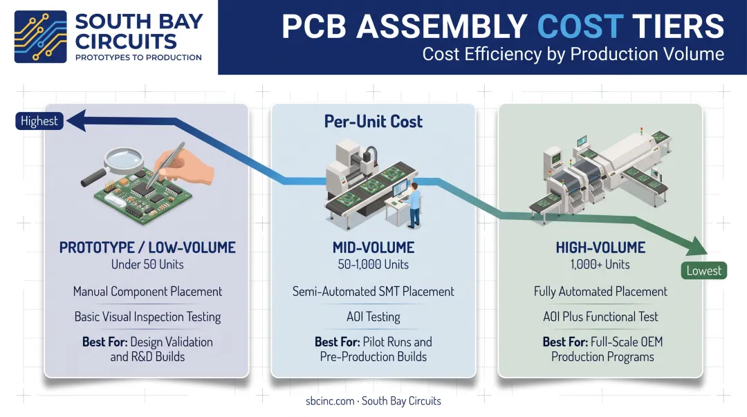 PCB assembly cost comparison across prototype mid and high volume tiers