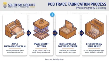 4-step photolithography process for etching PCB copper traces