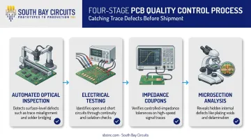 Four-method quality control process for PCB trace inspection