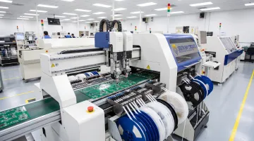 Automated SMT assembly line placing components on circuit board