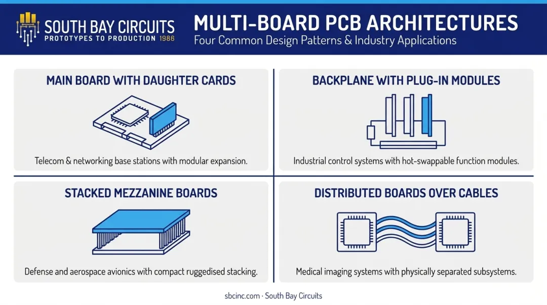 Four common multi-board PCB architecture types comparison infographic