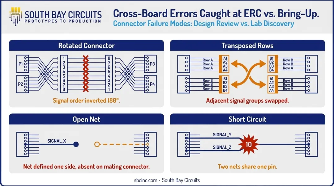 Four common cross-board PCB connector wiring errors and failure modes diagram