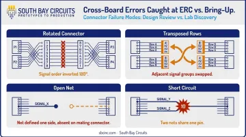 Four common cross-board PCB connector wiring errors and failure modes diagram