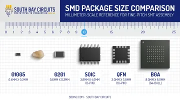 SMD package size comparison chart from 01005 to BGA formats
