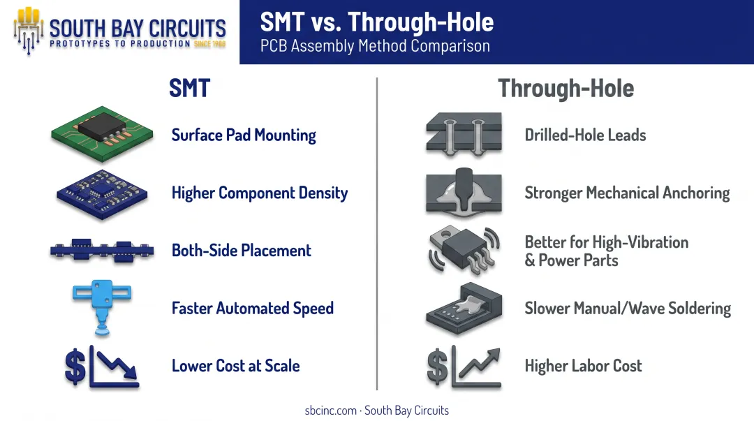 SMT versus through-hole technology side-by-side comparison chart