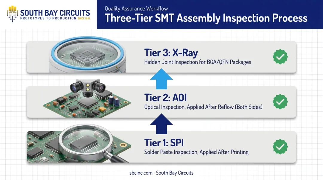 SPI AOI and X-ray inspection stack for double-sided PCB quality control
